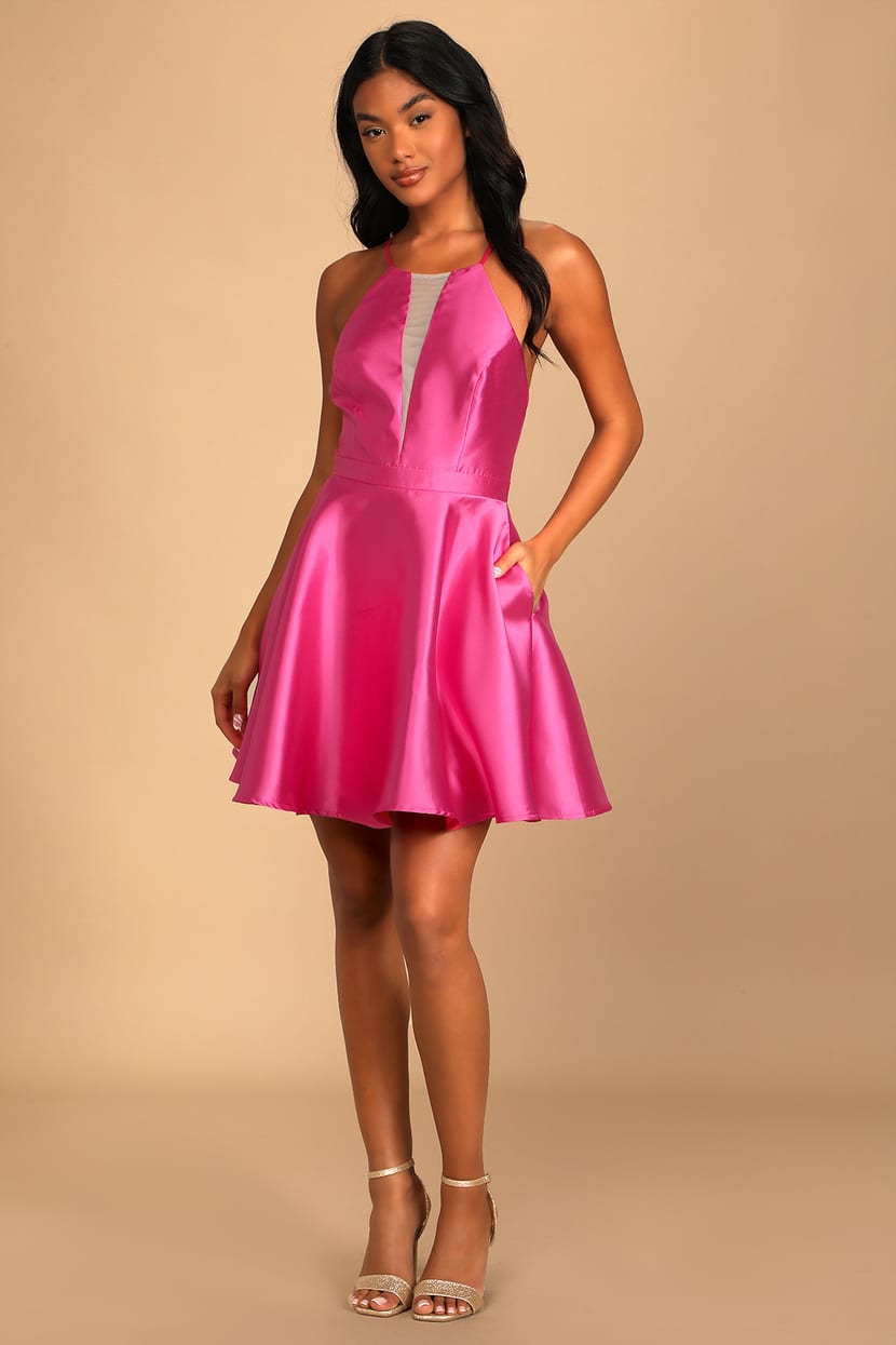 Hot Pink Skater Dress - Plunge Skater Dress - Plunge Bodice Dress - Lulus