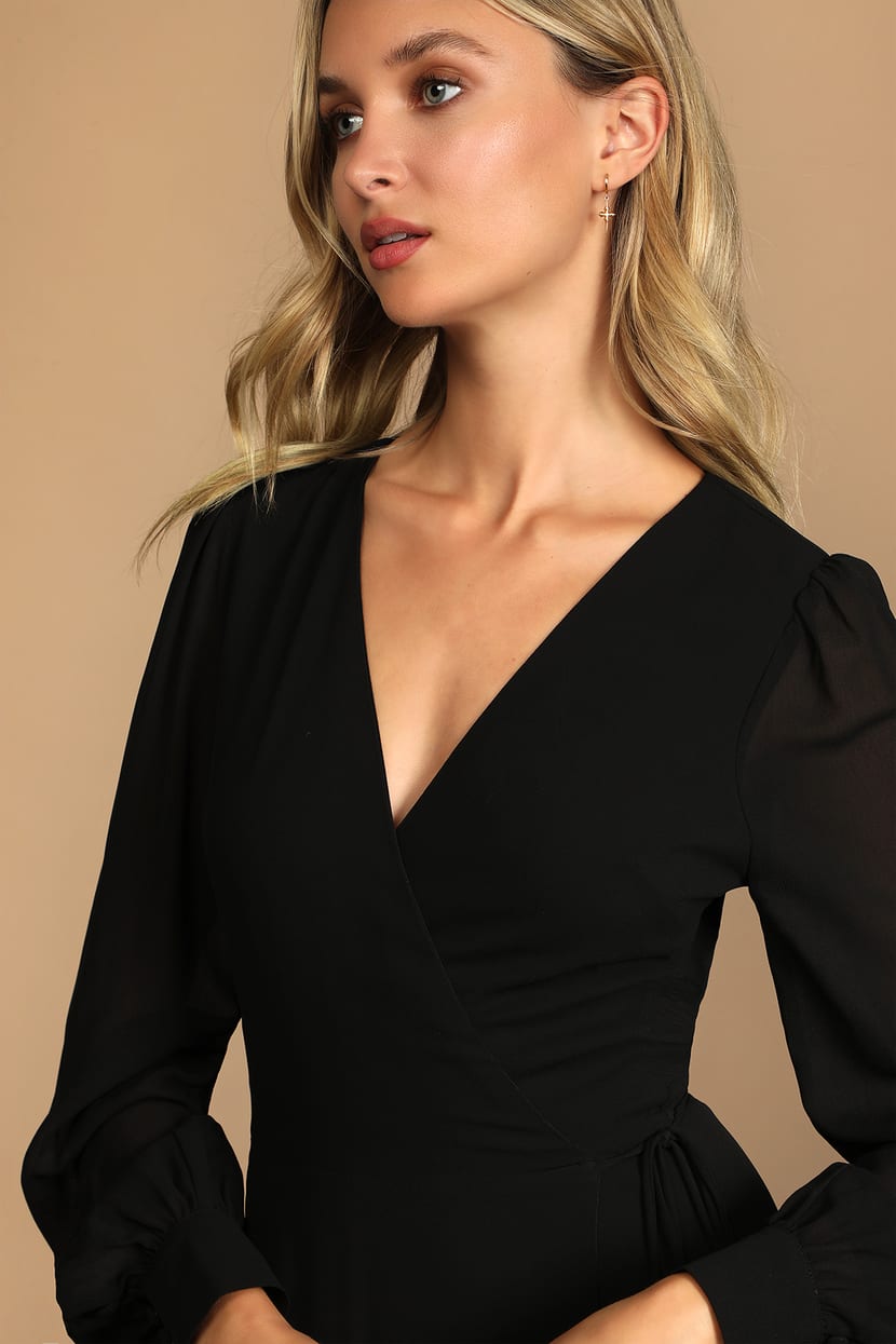 Glam Black Dress - Wrap Maxi Dress - Long Sleeve Dress - Lulus
