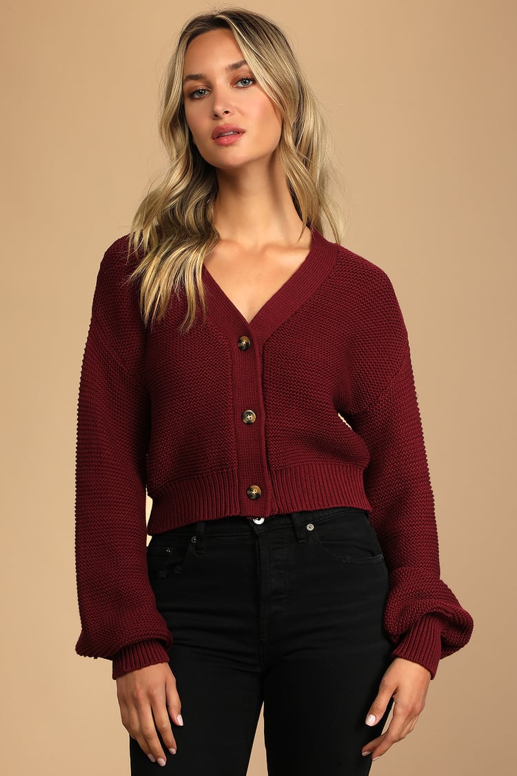 Burgundy Knit Cardigan - Button-Front Sweater - Cropped Cardigan - Lulus