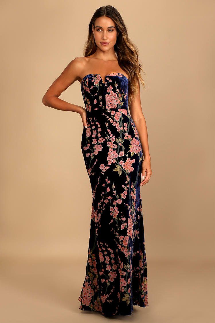 Navy Blue Maxi Dress - Floral Print Dress - Strapless Dress - Lulus