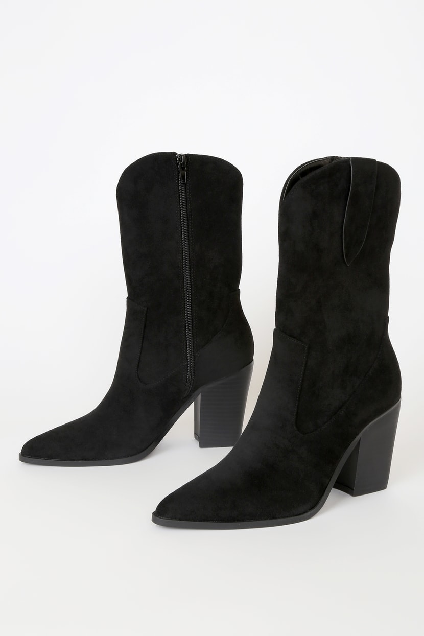 Black Suede Boots - Cowboy Boots - Pointed-Toe Mid-Calf Boots - Lulus