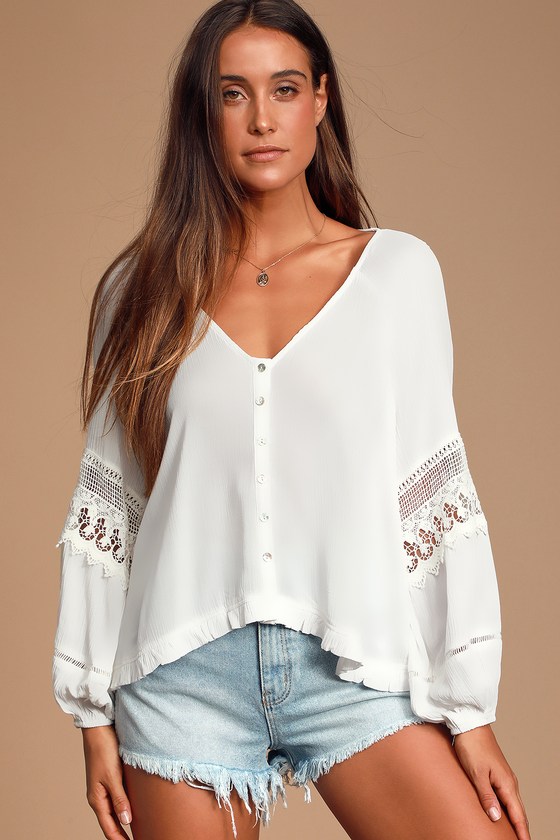 Boho White Top - Crochet Lace Top - Button-Up Top - Long Sleeve - Lulus