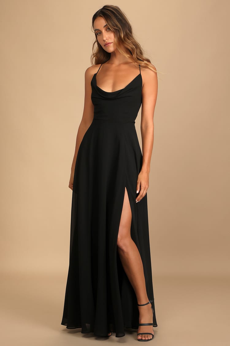 Black Dress - Cowl Neck Dress - Lace-Up Maxi Dress - Lulus