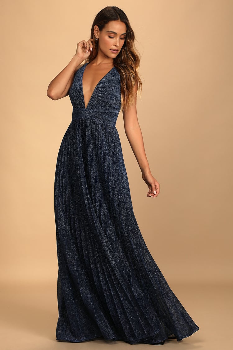 Blue Metallic Dress - Pleated Maxi Dress - Plunge Maxi Dress - Lulus