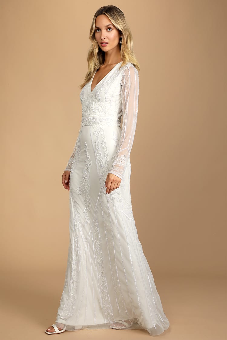 White Maxi Dress - Beaded Wedding Dress - Long Sleeve Maxi Dress - Lulus
