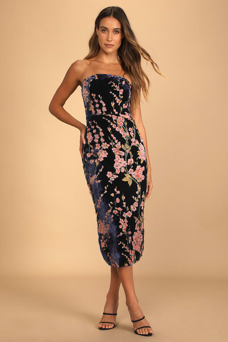 Navy Floral Print Dress - Burnout Velvet Dress - Strapless Midi - Lulus