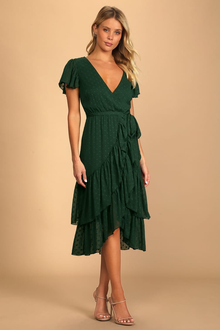 Dark Green Midi Dress - Ruffled Midi Dress - Swiss Dot Dress - Lulus