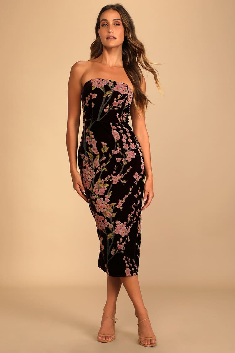 Plum Floral Print Dress - Burnout Velvet Dress - Strapless Midi - Lulus