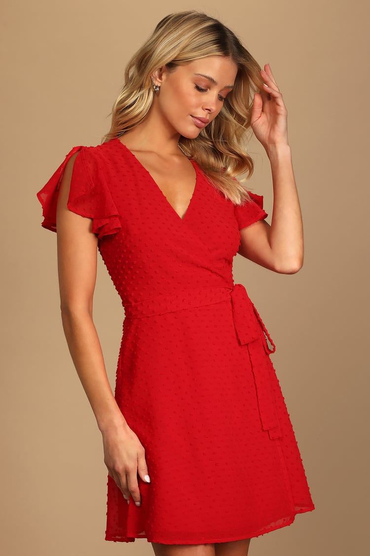 Red Wrap Dress - Swiss Dot Wrap Dress - Wrap Mini Dress - Lulus