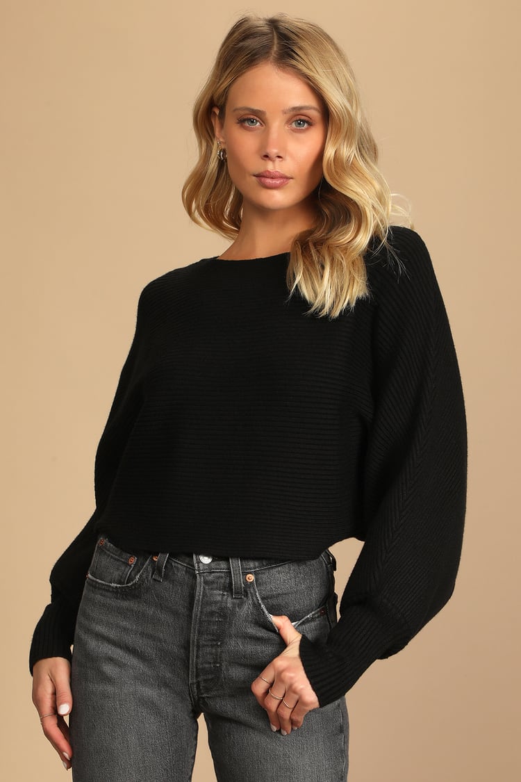 Black Cropped Sweater - Boat Neck Sweater - Ribbed Knit Sweater - Lulus