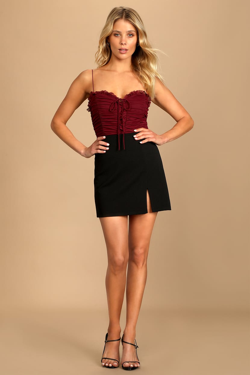 Some Nights Burgundy Lace-Up Ruched Sleeveless Bodysuit