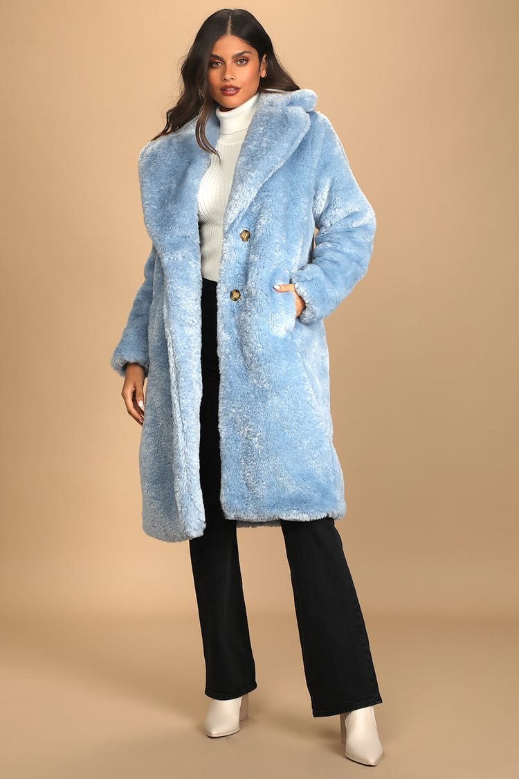 Blue Faux Fur Coat - Collared Longline Coat - Oversized Coat - Lulus