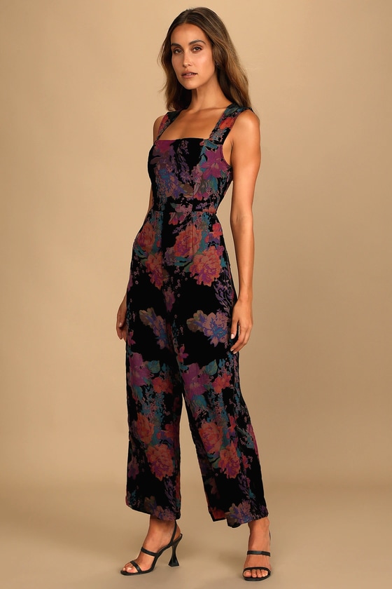 Black Floral Print Jumpsuit - Velvet Jumpsuit - Burnout Jumpsuit - Lulus
