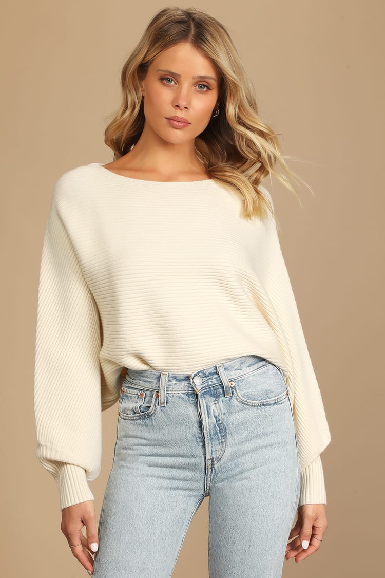 Cream Cropped Sweater - Boat Neck Sweater - Ribbed Knit Sweater