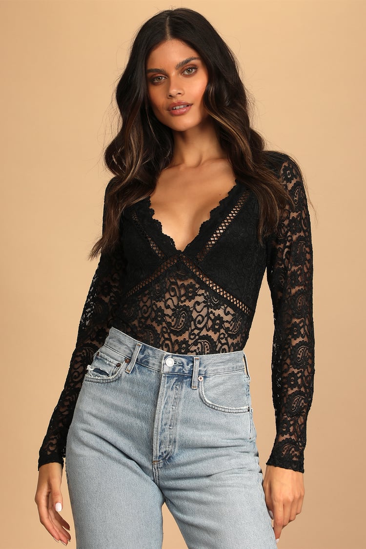 Black Lace Long Sleeve Bodysuit | Womens | Small (Available in XS, M, L, XL) | 100% Polyester | Lulus Exclusive | Bodysuits | Tops | Some Stretch