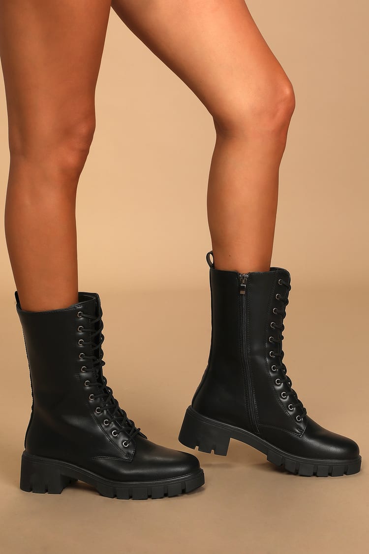 Black Boots - Lace-Up Boots - Mid-Calf Boots - Lug Sole Boots - Lulus