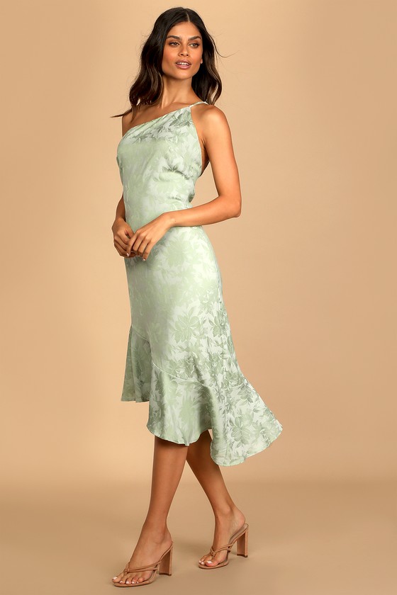 Sweet and Stylish Green Floral Jacquard One-Shoulder Midi Dress