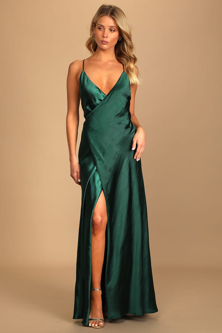Satin Wrap Dress - Dark Green Maxi Dress - Satin Maxi Dress - Lulus