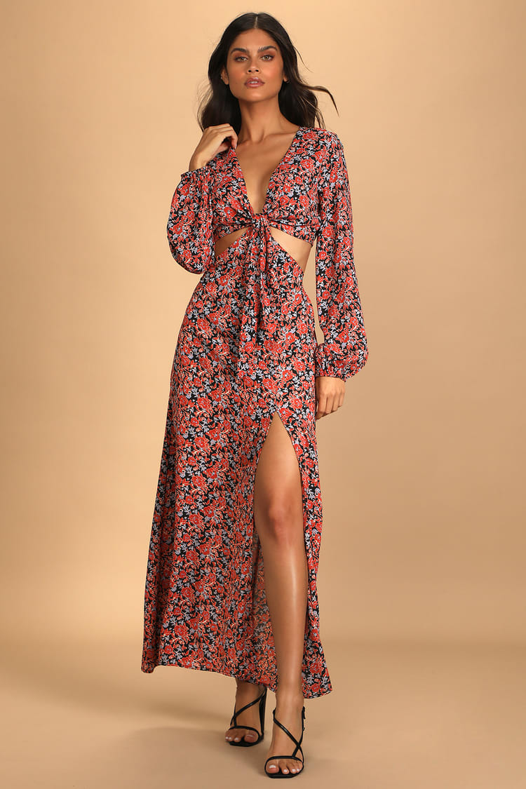 Floral Print Dress - Cutout Dress - Long Sleeve Dress - Maxi - Lulus
