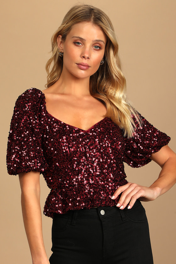 Got the Drama Wine Red Sequin Puff Sleeve Peplum Top