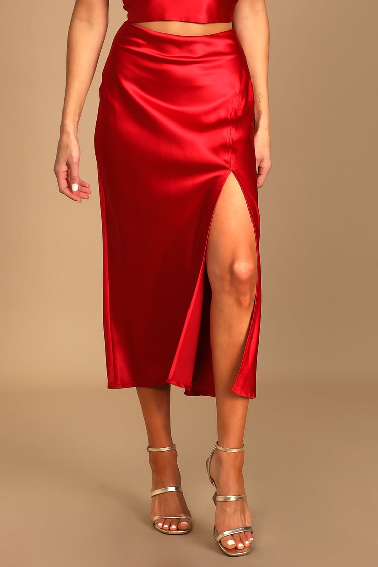 Red Satin Skirt - Satin Midi Skirt - High-Waisted Skirt - Skirts - Lulus