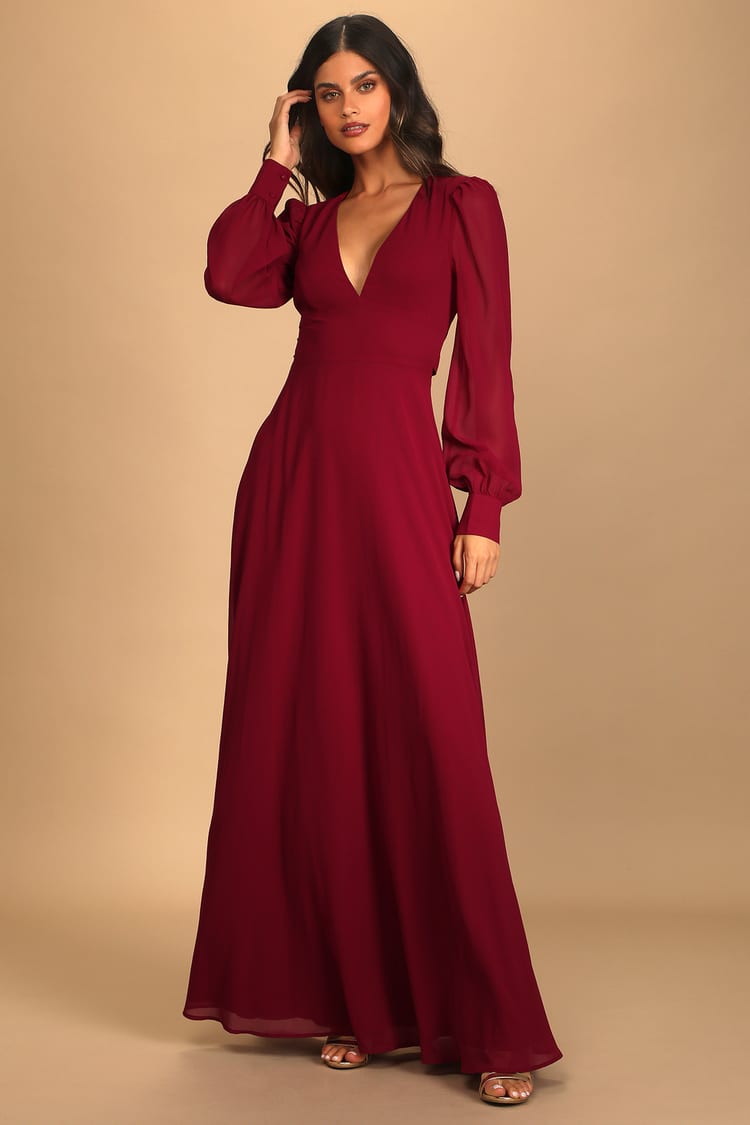 Burgundy Maxi Dress - Open Back Dress - Long Sleeve Maxi Dress - Lulus