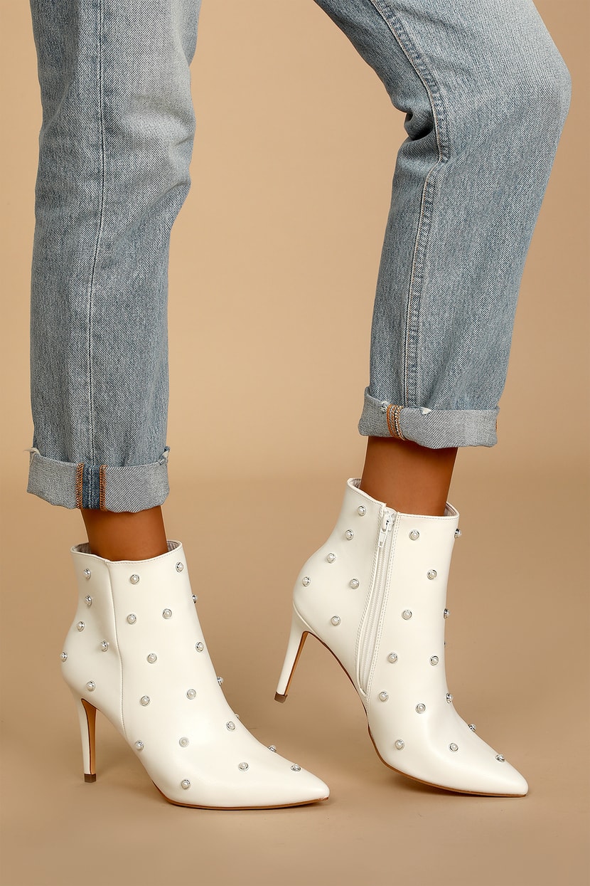 White Pearl Booties - Stiletto Heel Booties - Ankle Booties - Lulus