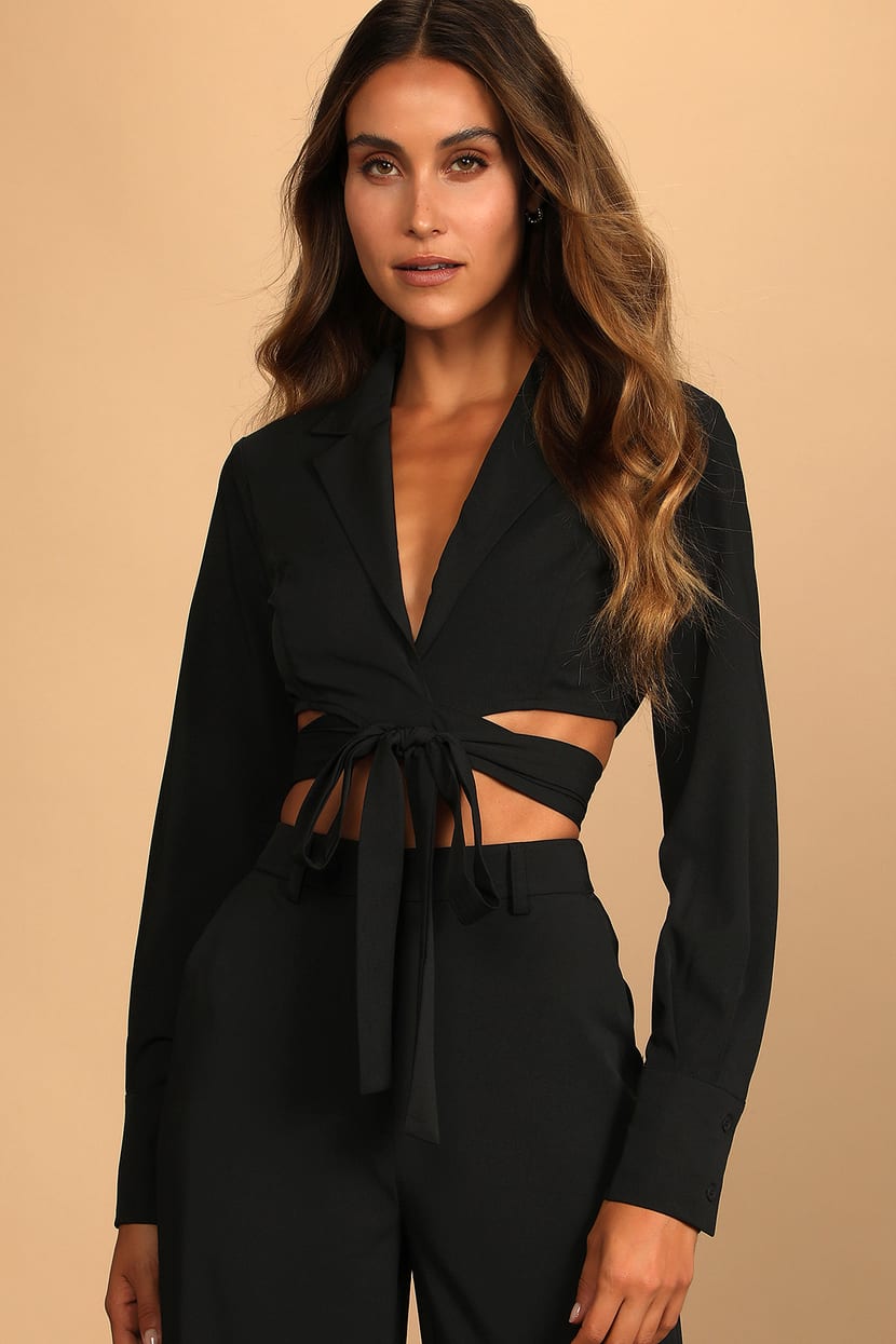 Black Crop Top - Long Sleeve Top - Tie-Front Top - Women's Tops - Lulus