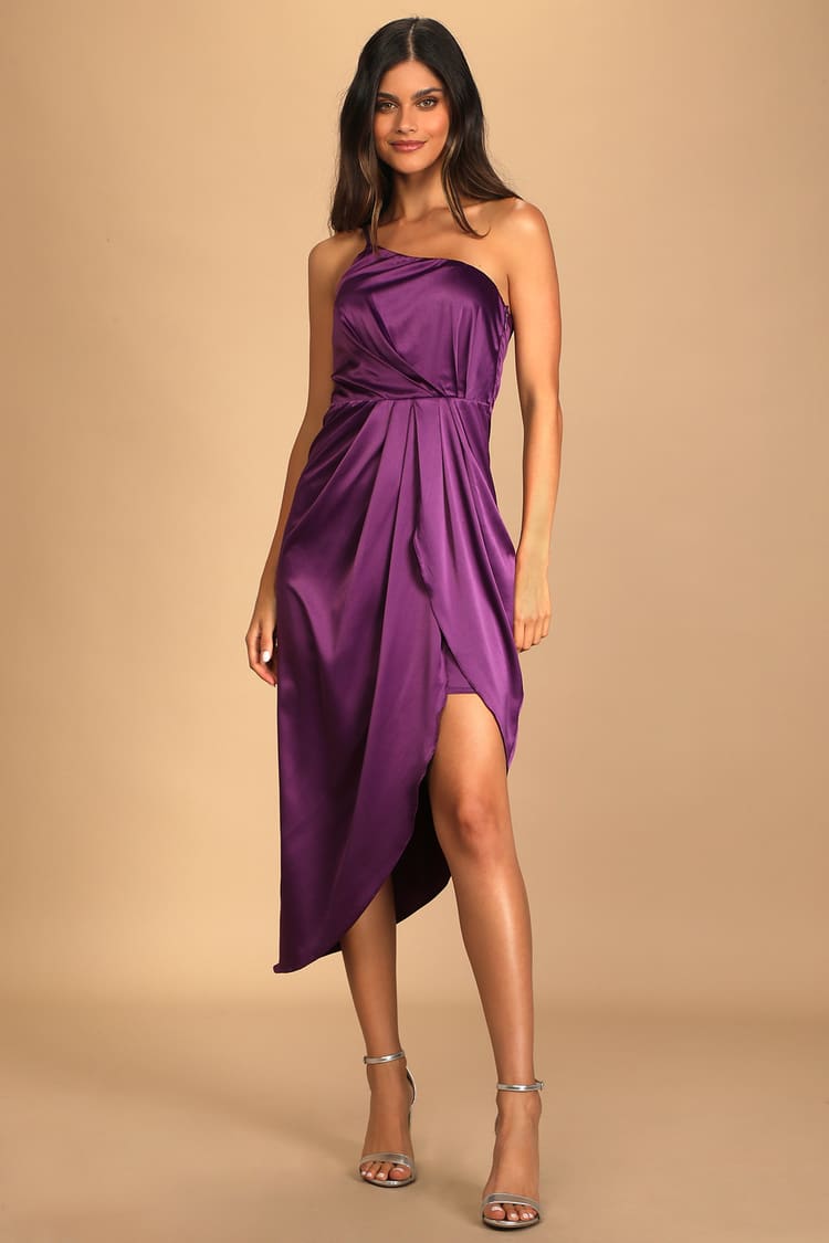 Purple Midi Dress - Satin Midi Dress - One-Shoulder Dress - Lulus