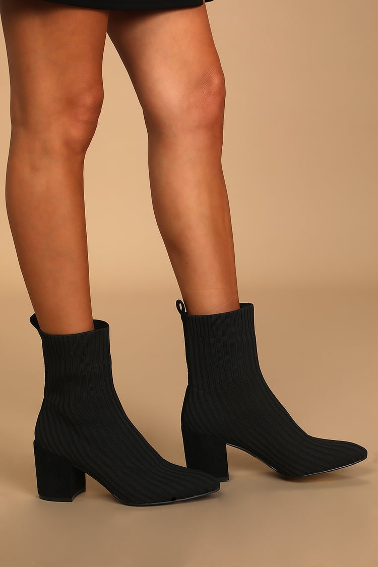Ribbed Knit Sock Boots - Black Mid-Calf Boots - Pointed-Toe Boots - Lulus