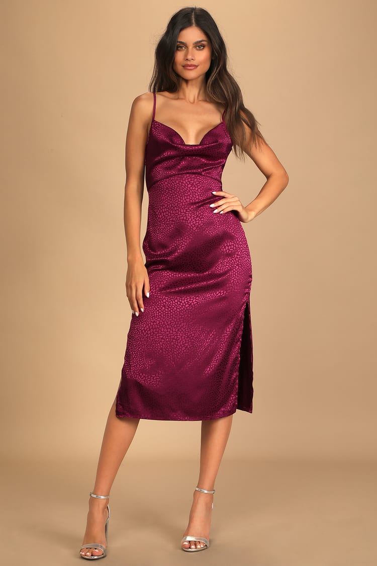 Plum Purple Midi Dress - Satin Jacquard Dress - Cowl Neck Dress - Lulus