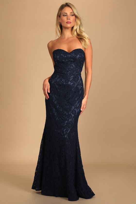 Wow the Crowd Navy Blue Lace Strapless Mermaid Maxi Dress