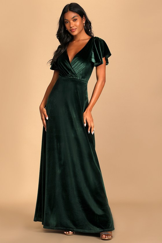 QUIZ Dark Green Velvet V Neck Short Sleeve Frill Midi Wrap Dress | New Look