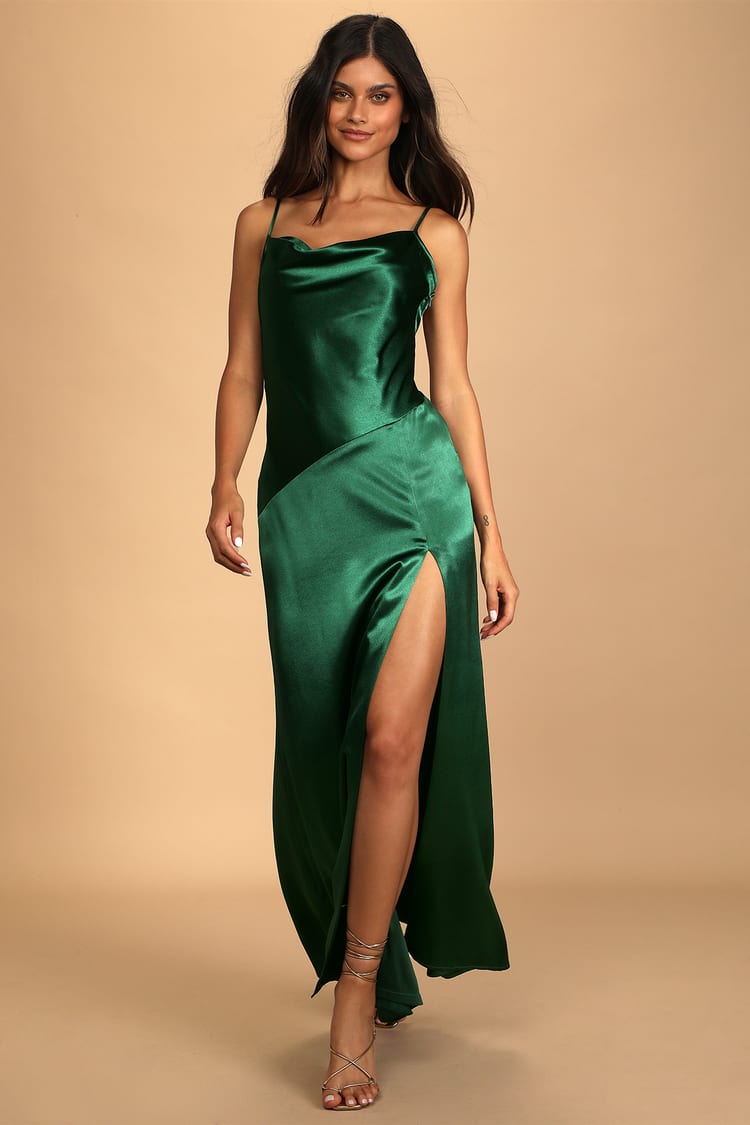 Caroline Emerald Green Satin Cowl Neck Maxi Dress