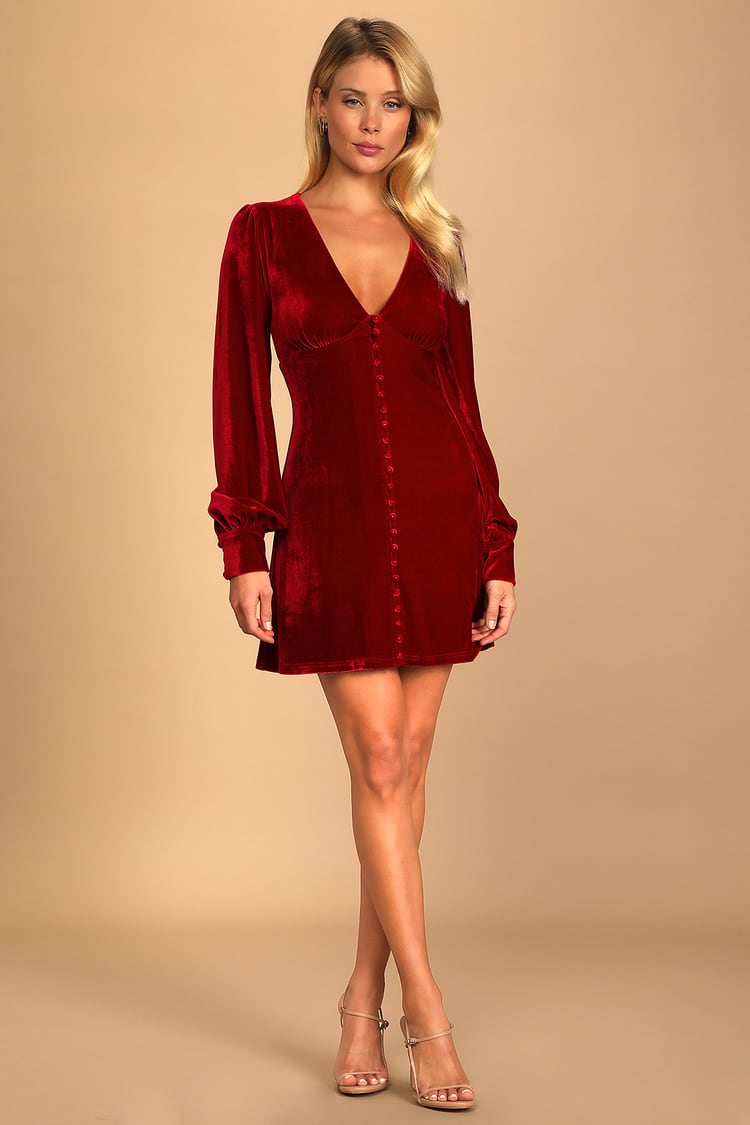 bunker Fjerde Fjendtlig Red Velvet Dress - Long Sleeve Velvet Dress - Wine Red Mini Dress - Lulus