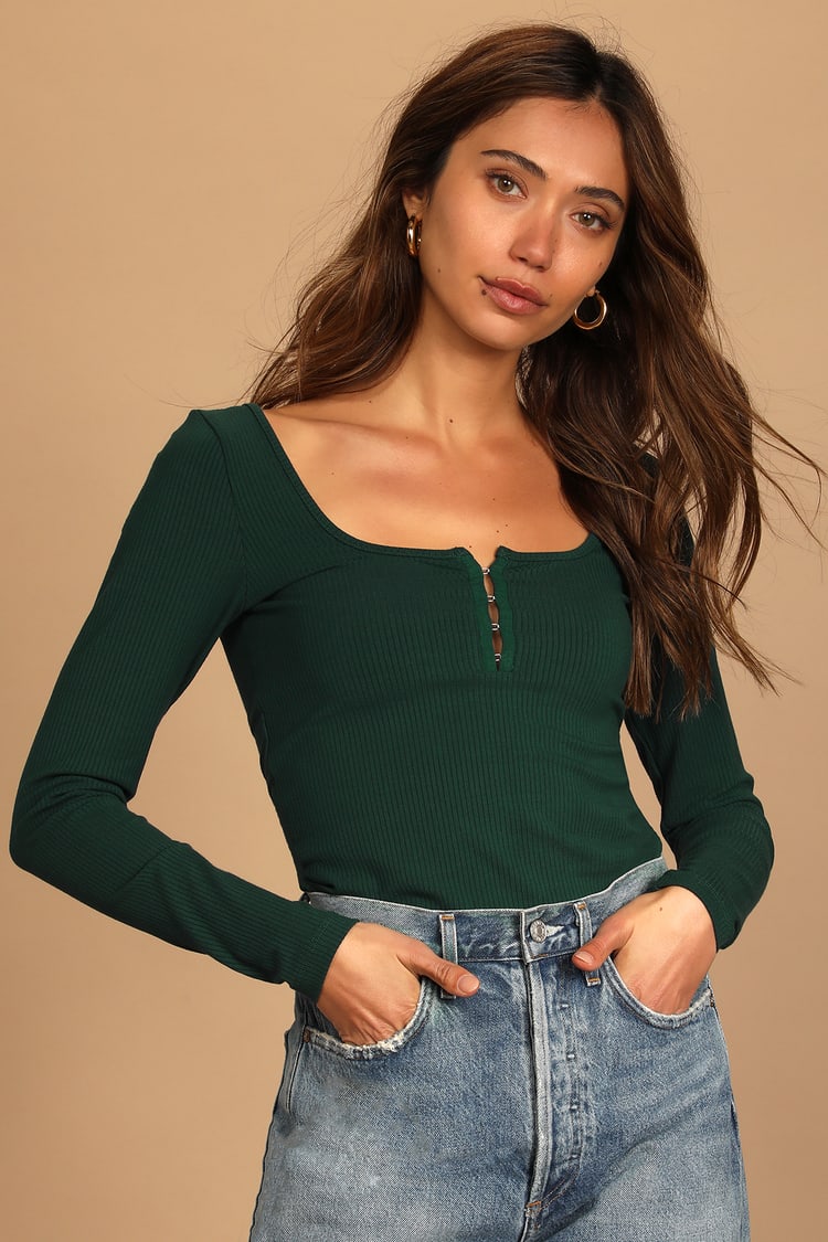 Off the Hook Hunter Green Ribbed Long Sleeve Top