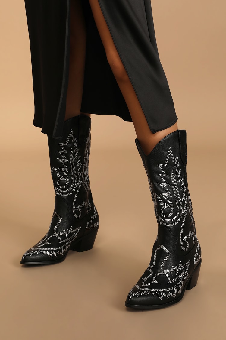Billini Utica - Black & White Cowboy Boots - Embroidered Boots - Lulus