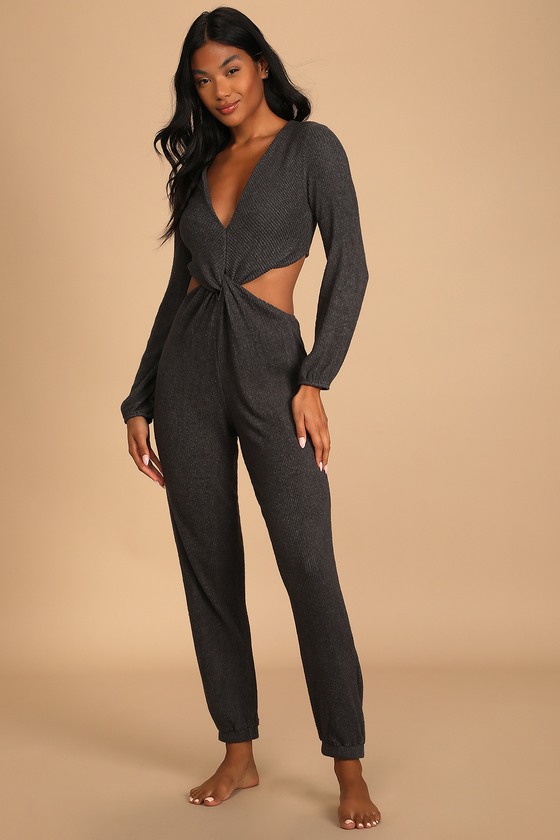Lounge Time Light Blue Ribbed Twist-Front Lounge Jumpsuit