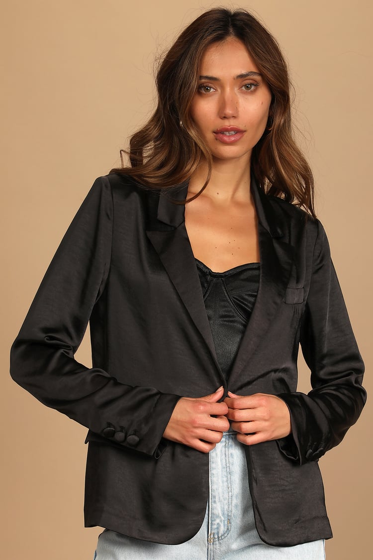 Black Satin Blazer - Women's Blazer - Single Button Blazer - Lulus