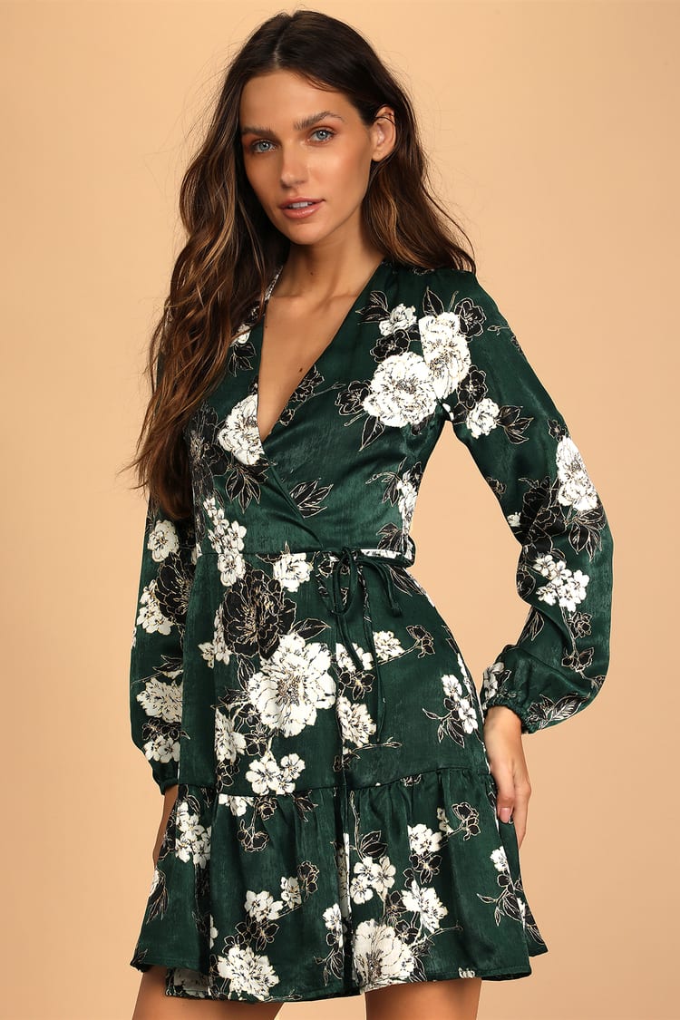 Green Satin Wrap Dress - Floral Wrap Dress - Satin Mini Dress - Lulus