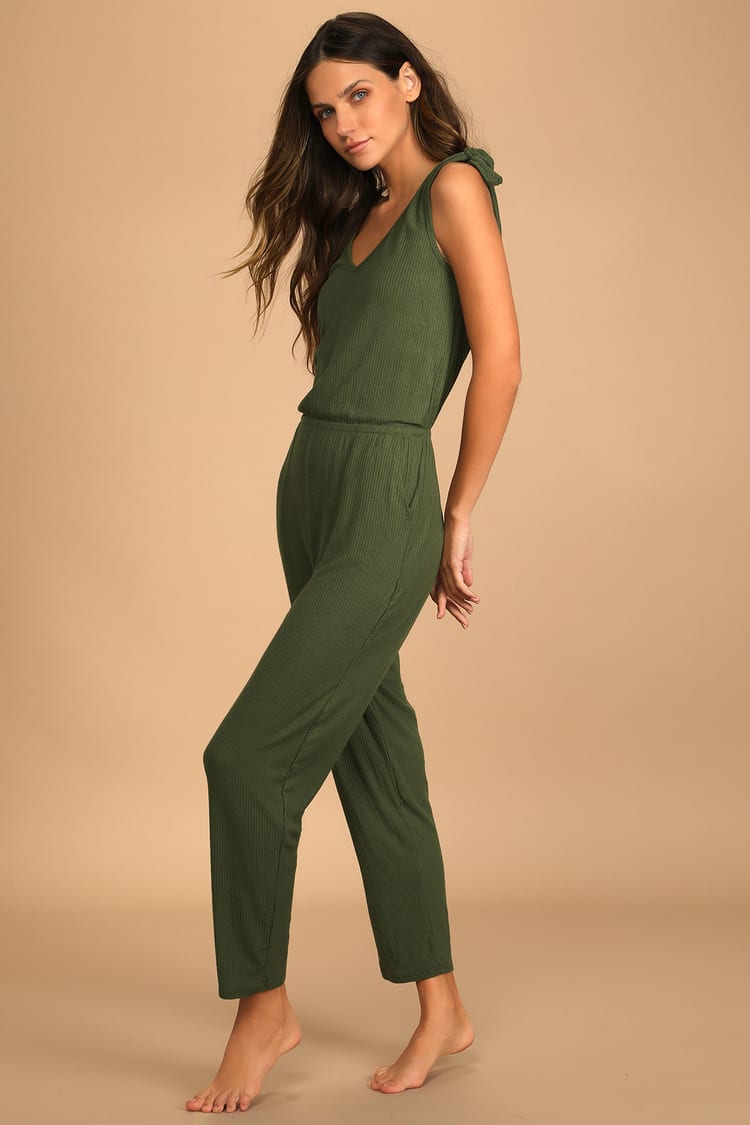 Cute Olive Green Jumpsuit - Tie-Strap Jumpsuit - Knit Jumpsuit - Lulus