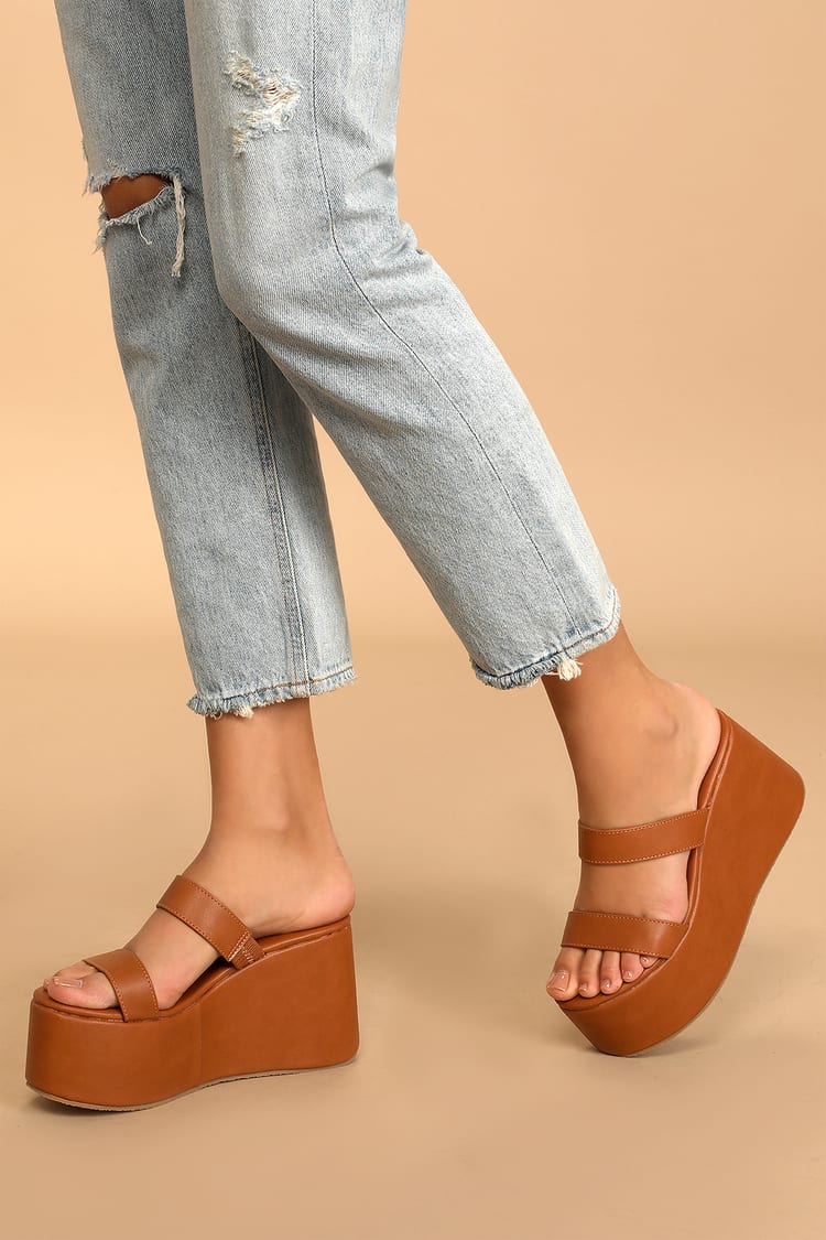 Brown Wedge Sandals - Platform Sandals - Slide-On Sandals - Lulus