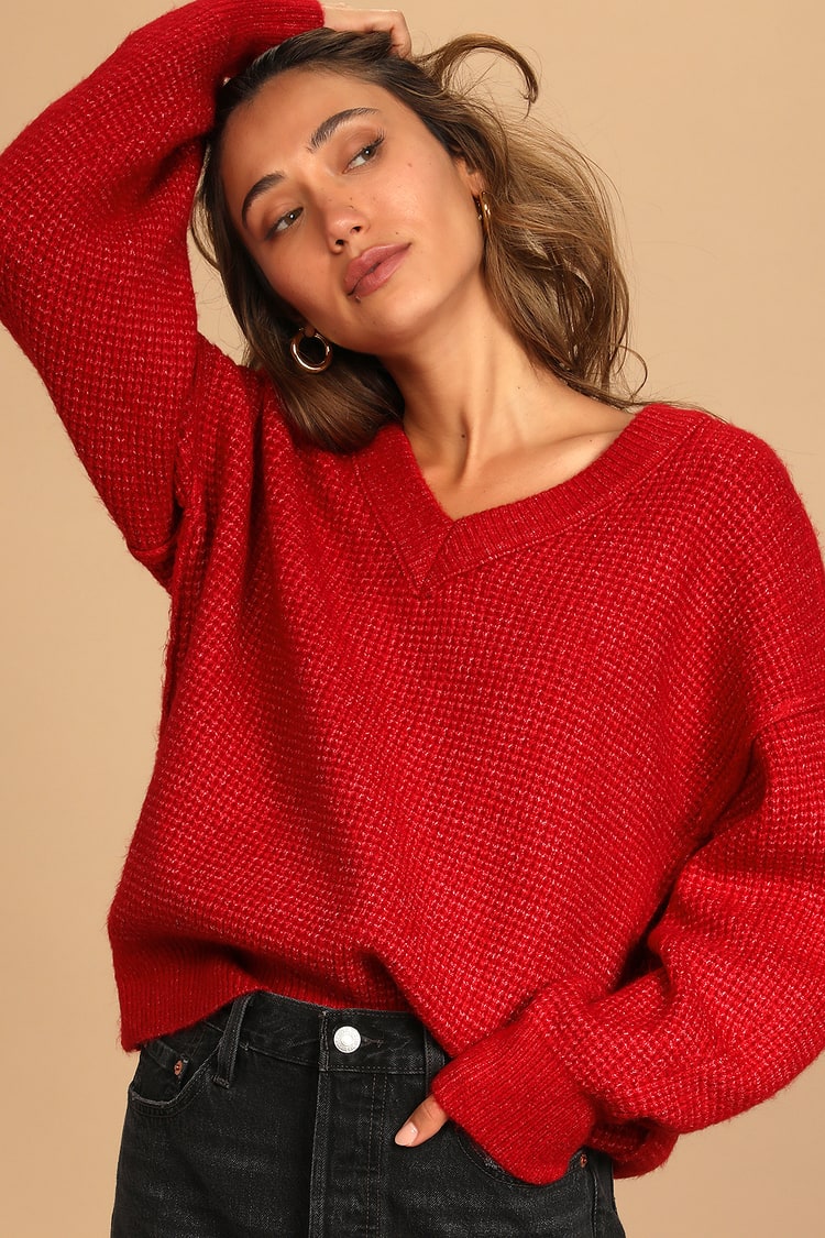 Heather Red Sweater - Oversized Red Sweater - V-Neck Sweater - Lulus