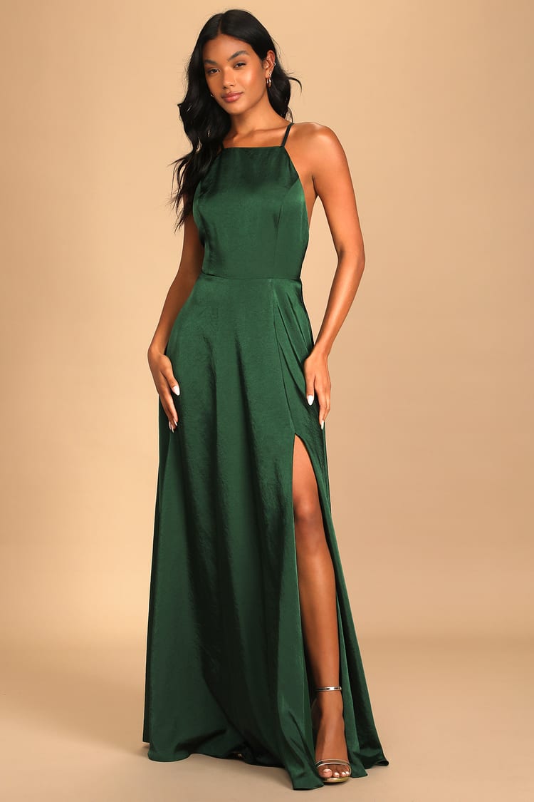 Emerald Green Maxi - Satin Maxi Dress - Backless Maxi Dress - Lulus