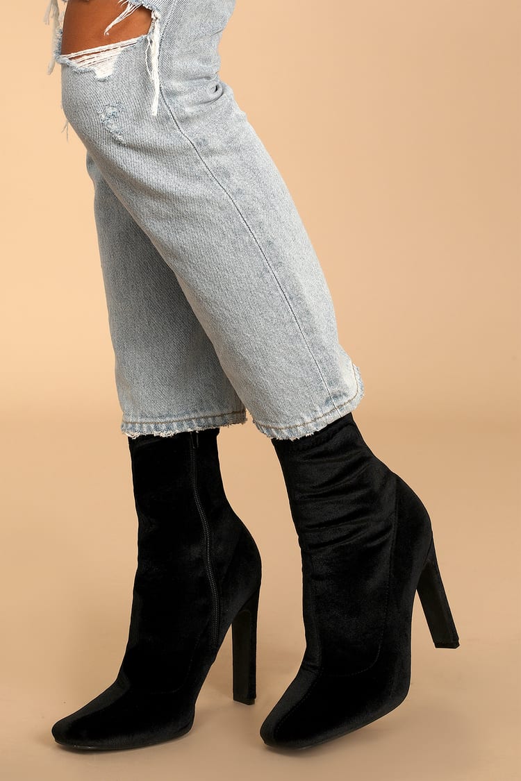 Black Velvet Boots - Square Toe Boots - High Heel Booties - Lulus