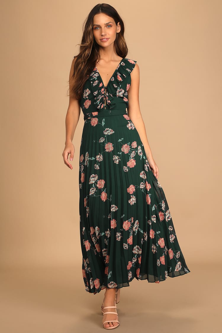 Klæbrig emulering Larry Belmont Dark Green Floral Print Dress - Maxi Dress - Pleated Dress - Lulus