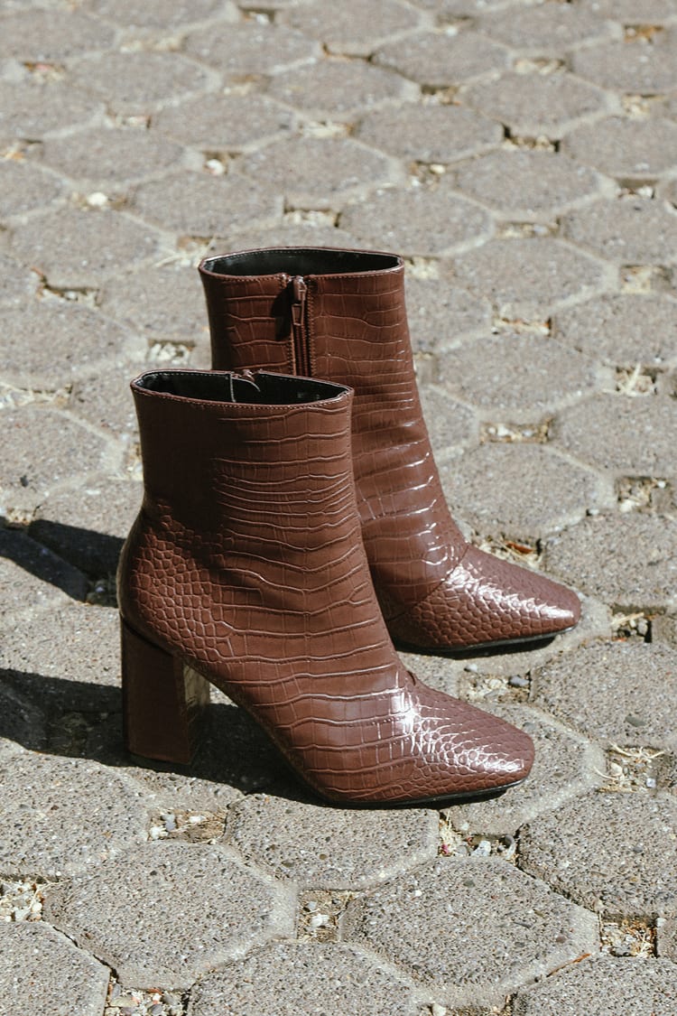 Stylish Brown Boots - Crocodile Print Booties - High Heel Booties - Lulus