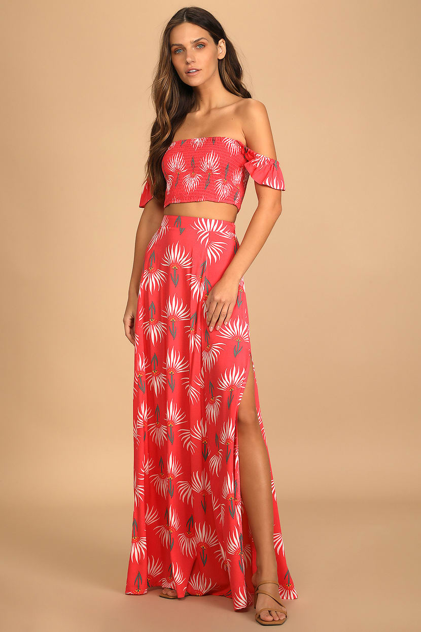 Coral Dress - Floral Print Dress - Two-Piece Maxi Dress - Lulus