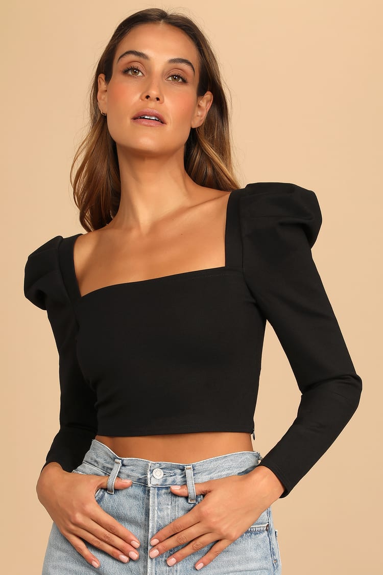 Black Crop Top - Puff Shoulder Top - Long Sleeve Top - Blouse - Lulus