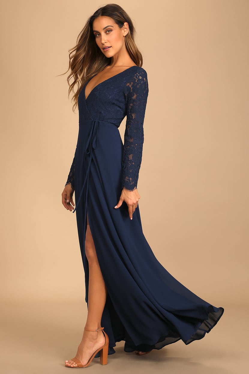 Navy Blue Maxi Dress - Lace Bodice Dress - Wrap Maxi Dress - Lulus